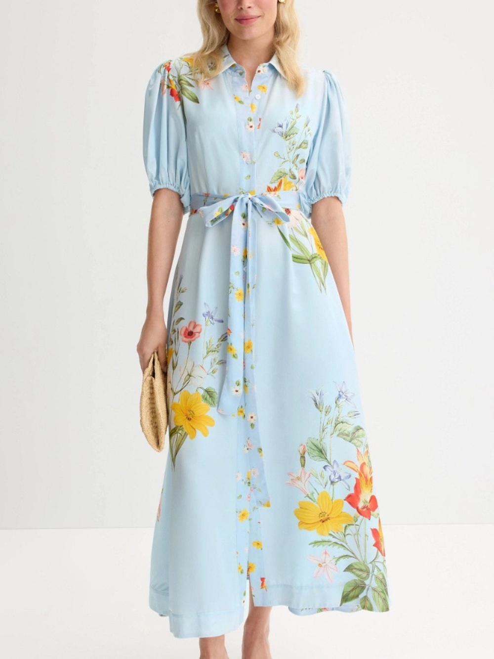 Aston Studio Marley Midi Dress Blue Floral Belt Button Front Silk - Size US 6
